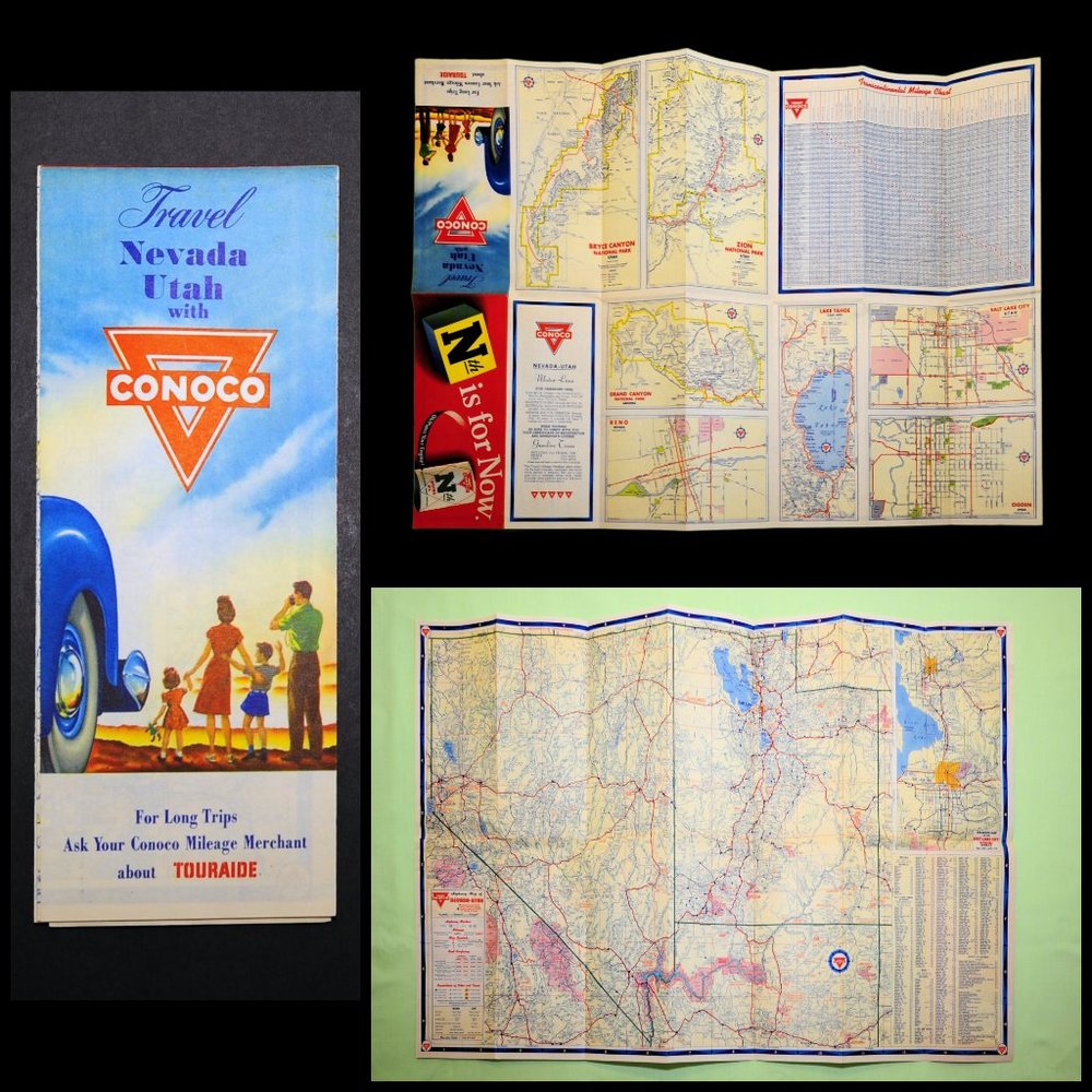 VTG 1950 NEVADA UTAH Travel Road Map by Conoco Wall Decor Father's Day Grad Gift
